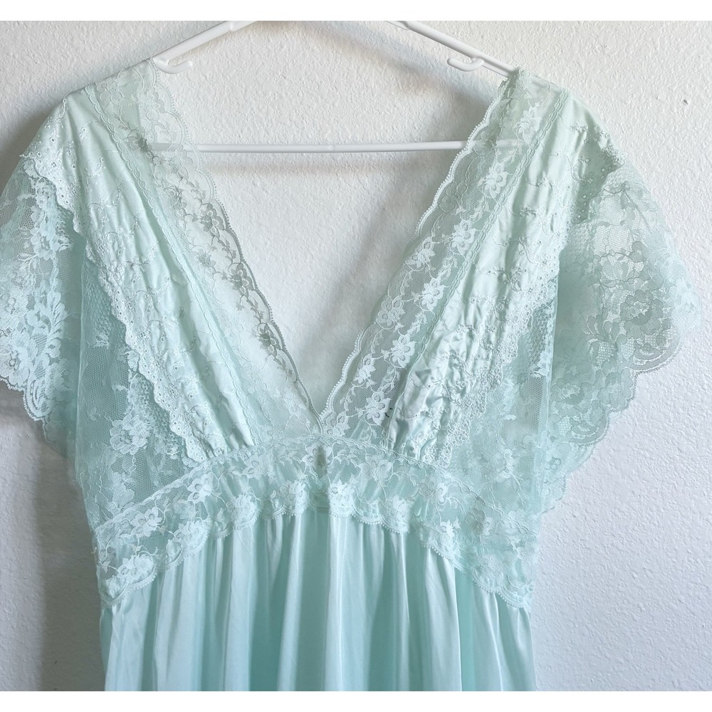 VTG Joan Collins Lace Coquette Silky Slip Dress Nightgown Mint Green Blue Large